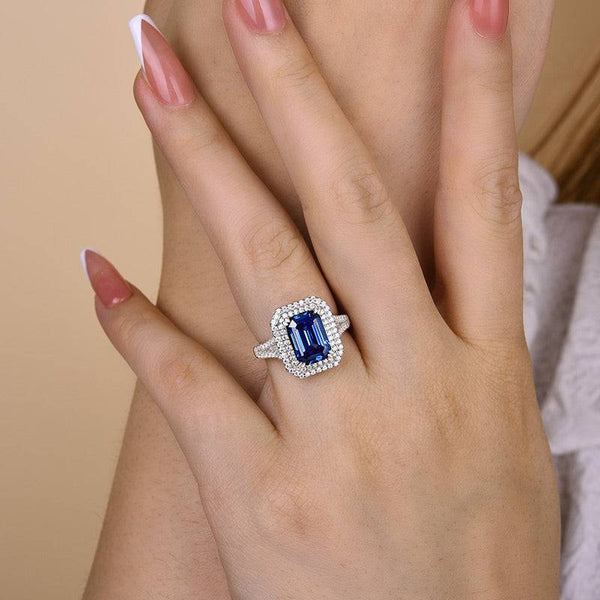 Louily Luxurious Double Halo Blue Sapphire Emerald Cut Engagement Ring In Sterling Silver