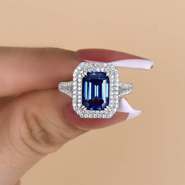 Louily Luxurious Double Halo Blue Sapphire Emerald Cut Engagement Ring In Sterling Silver