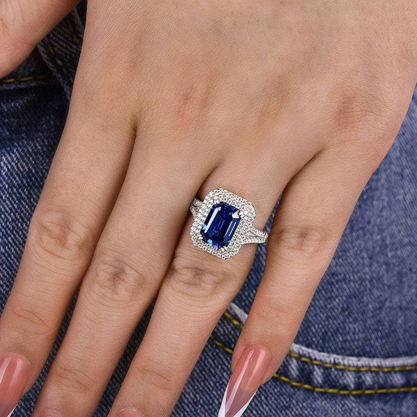 Louily Luxurious Double Halo Blue Sapphire Emerald Cut Engagement Ring In Sterling Silver