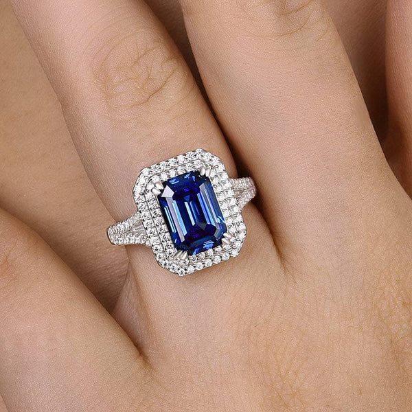 Louily Luxurious Double Halo Blue Sapphire Emerald Cut Engagement Ring In Sterling Silver