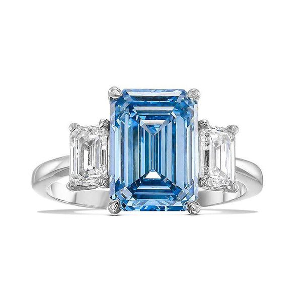 Louily Luxurious Emerald Cut Three Stone Aquamarine Blue Engagement Ring In Sterling Silver