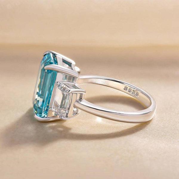 Louily Luxurious Emerald Cut Three Stone Aquamarine Blue Engagement Ring In Sterling Silver
