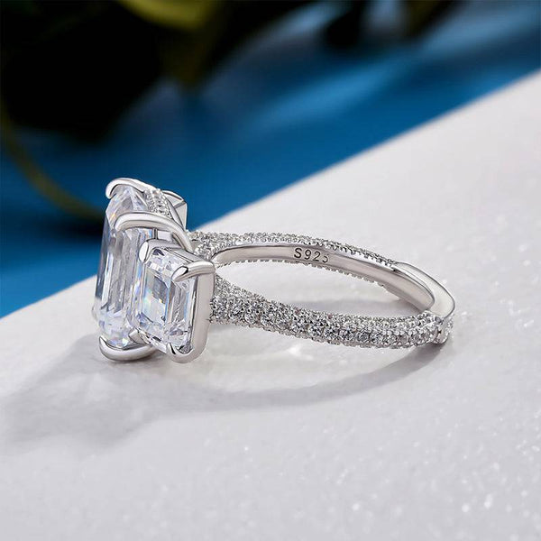 Louily Luxurious Emerald Cut Three Stone Engagement Ring In Sterling Silver