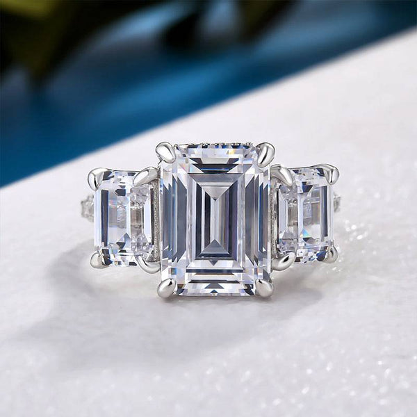 Louily Luxurious Emerald Cut Three Stone Engagement Ring In Sterling Silver