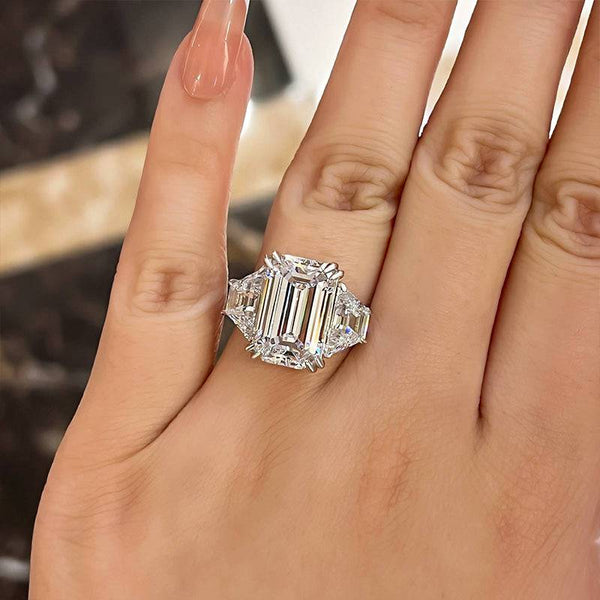 Louily Luxurious Emerald Cut Three Stone Engagement Ring In Sterling Silver