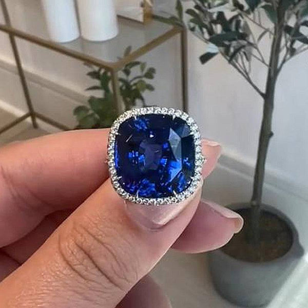Louily Luxurious Halo Blue Sapphire Cushion Cut Engagement Ring In Sterling Silver