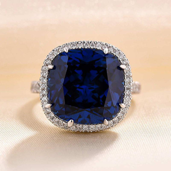 Louily Luxurious Halo Blue Sapphire Cushion Cut Engagement Ring In Sterling Silver