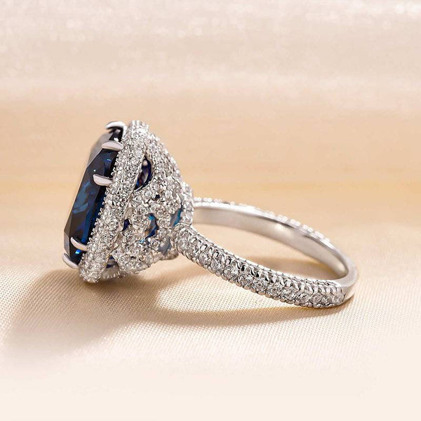 Louily Luxurious Halo Blue Sapphire Cushion Cut Engagement Ring In Sterling Silver