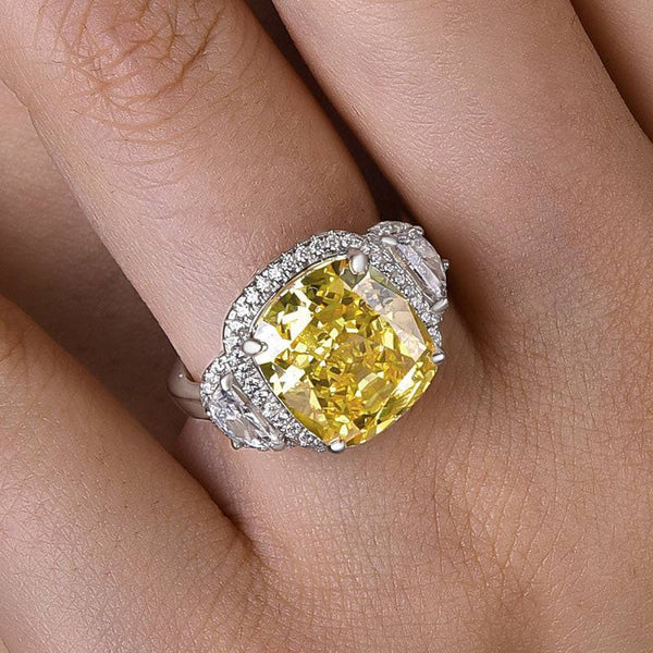 Louily Luxurious Halo Cushion Cut Three Stone Yellow Sapphire Engagement Ring In Sterling Silver