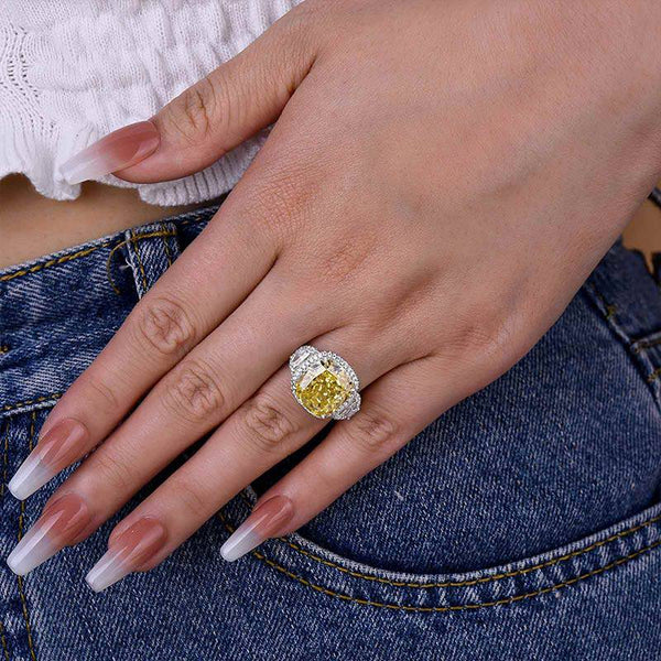 Louily Luxurious Halo Cushion Cut Three Stone Yellow Sapphire Engagement Ring In Sterling Silver