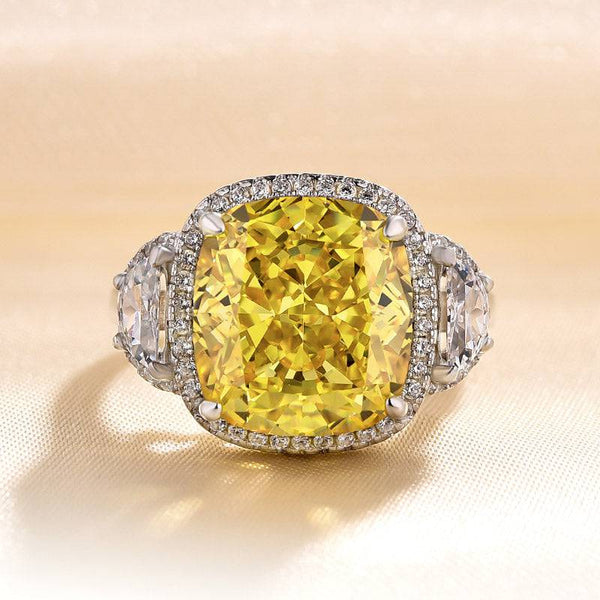 Louily Luxurious Halo Cushion Cut Three Stone Yellow Sapphire Engagement Ring In Sterling Silver
