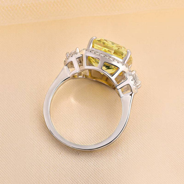 Louily Luxurious Halo Cushion Cut Three Stone Yellow Sapphire Engagement Ring In Sterling Silver