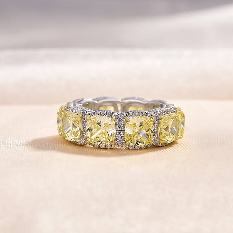 Louily Luxurious Halo Cushion Cut Yellow Sapphire Wide Wedding Band for Her In Sterling Silver - louilyjewelry