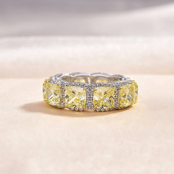 Louily Luxurious Halo Cushion Cut Yellow Sapphire Wedding Band for Her In Sterling Silver