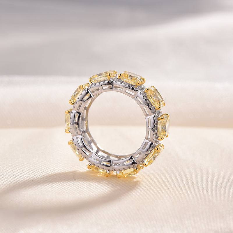Louily Luxurious Halo Cushion Cut Yellow Sapphire Wide Wedding Band for Her In Sterling Silver - louilyjewelry