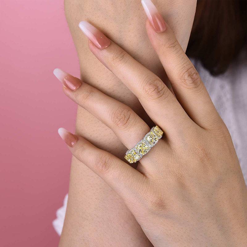 Louily Luxurious Halo Cushion Cut Yellow Sapphire Wide Wedding Band for Her In Sterling Silver - louilyjewelry