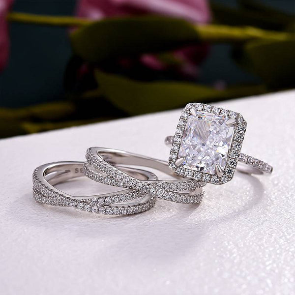Louily Luxurious Halo Radiant Cut Simulated Diamond Wedding Ring Set In Sterling Silver