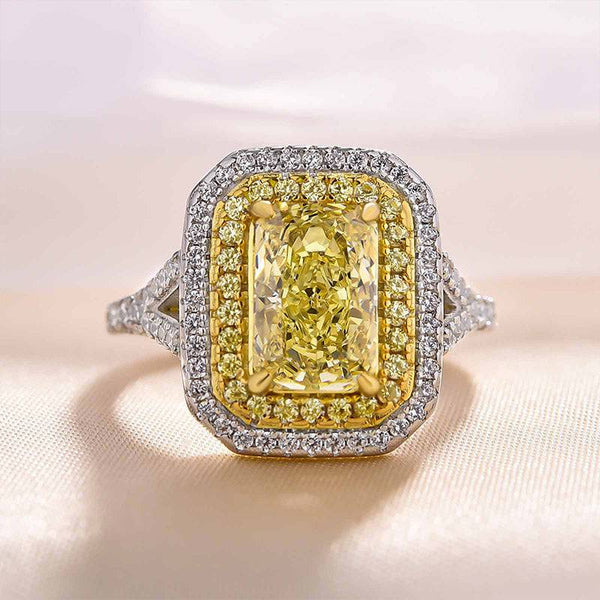 Louily Luxurious Split Shank Double Halo Radiant Cut Yellow Sapphire Engagement Ring In Sterling Silver