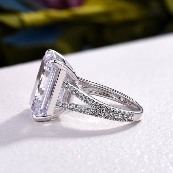 Louily Luxurious Split Shank Emerald Cut Engagement Ring In Sterling Silver