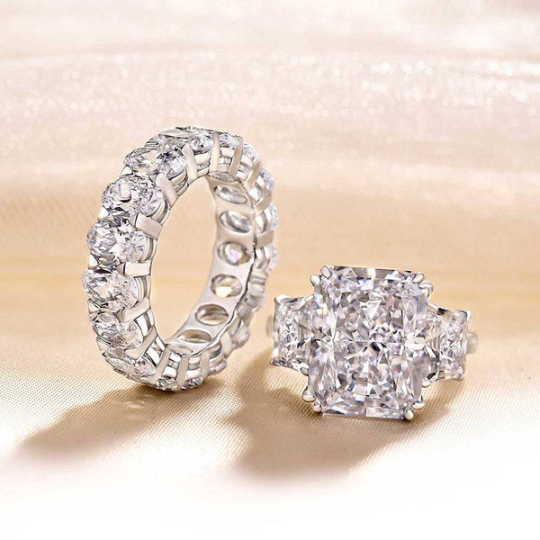 Louily Luxurious Three Stone Radiant Cut Wedding Set In Sterling Silver