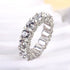 Angled view of white gold round cut eternity band