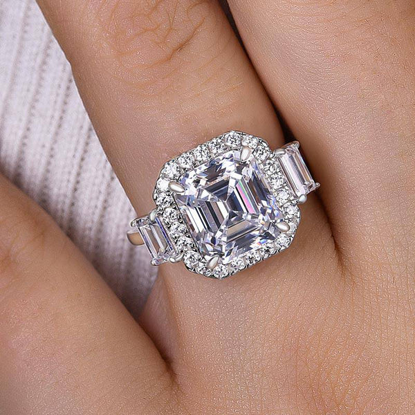 Louily Luxury Halo Asscher Cut Three Stone Women's Engagement Ring