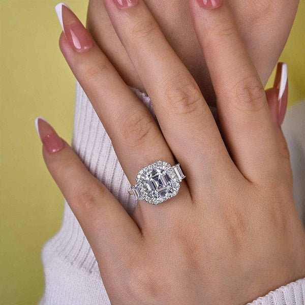 Louily Luxury Halo Asscher Cut Three Stone Women's Engagement Ring