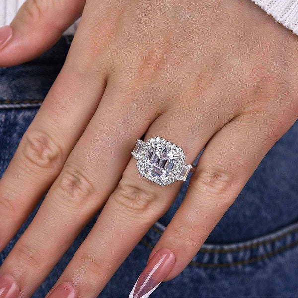 Louily Luxury Halo Asscher Cut Three Stone Women's Engagement Ring