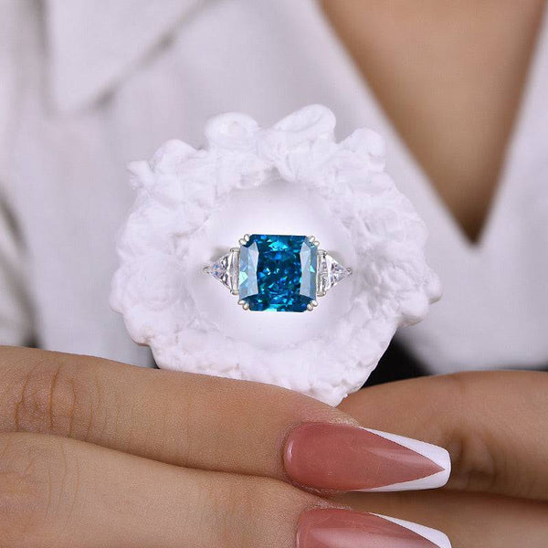 Louily Luxury Radiant & Triangle Cut Blue Sapphire Three Stone Engagement Ring