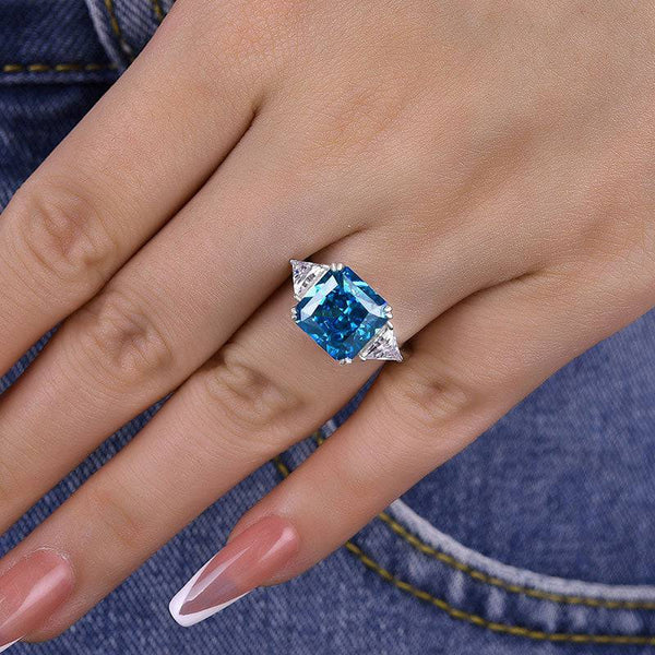 Louily Luxury Radiant & Triangle Cut Blue Sapphire Three Stone Engagement Ring