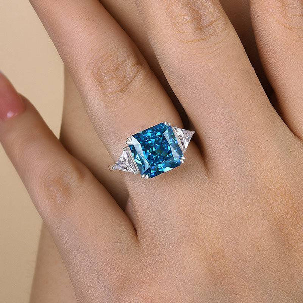 Louily Luxury Radiant & Triangle Cut Blue Sapphire Three Stone Engagement Ring