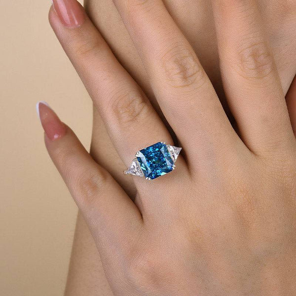Louily Luxury Radiant & Triangle Cut Blue Sapphire Three Stone Engagement Ring
