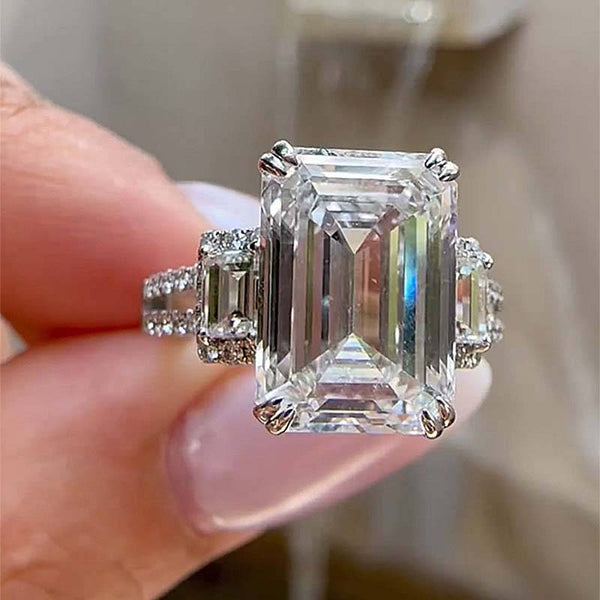 Louily Luxury Split Shank Emerald Cut Three Stone Engagement Ring