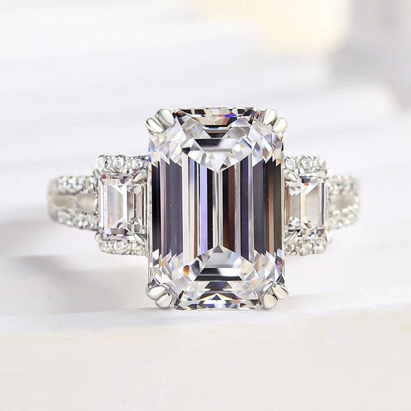 Louily Luxury Split Shank Emerald Cut Three Stone Engagement Ring