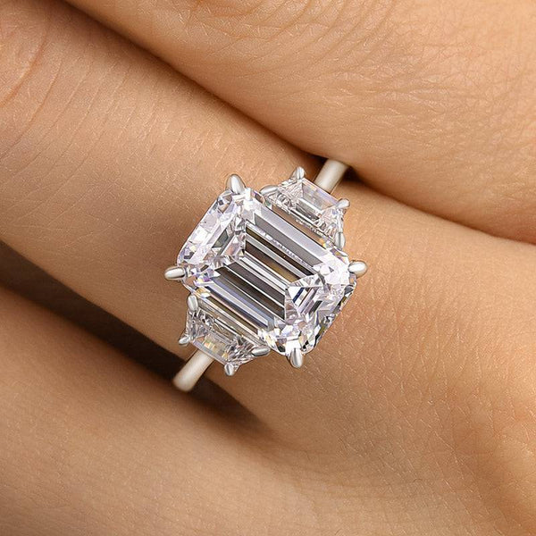 Louily Luxury Three Stone Emerald Cut Engagement Ring