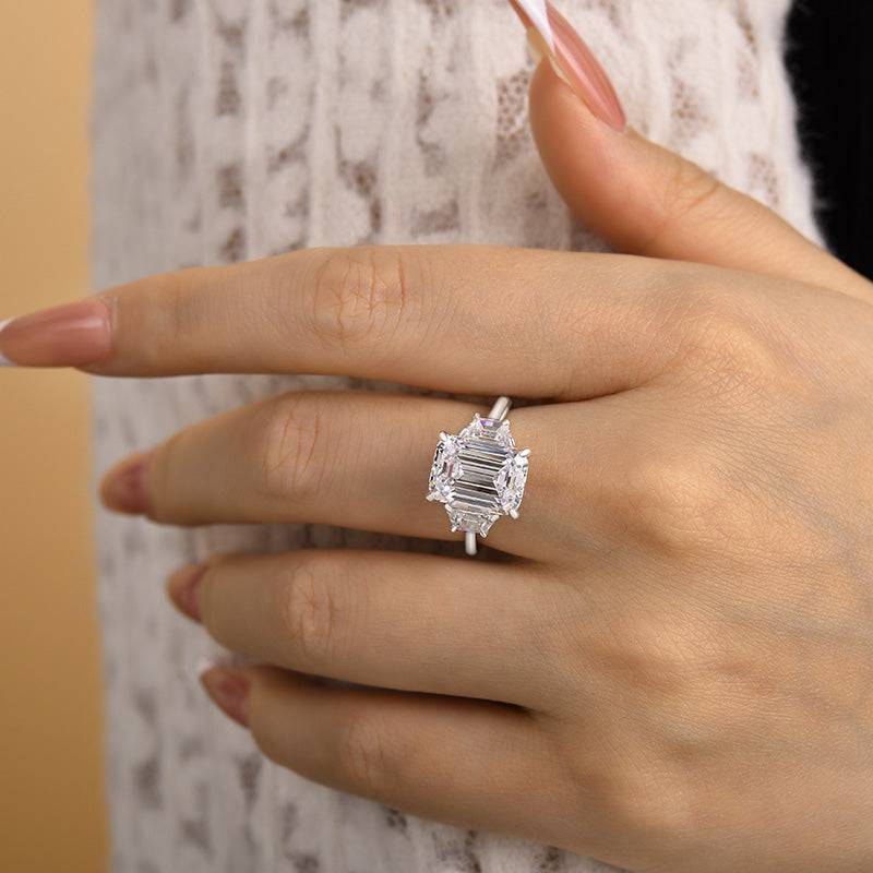 Louily Luxury Three Stone Emerald Cut Engagement Ring - louilyjewelry