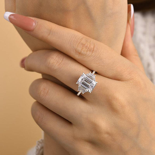 Louily Luxury Three Stone Emerald Cut Engagement Ring