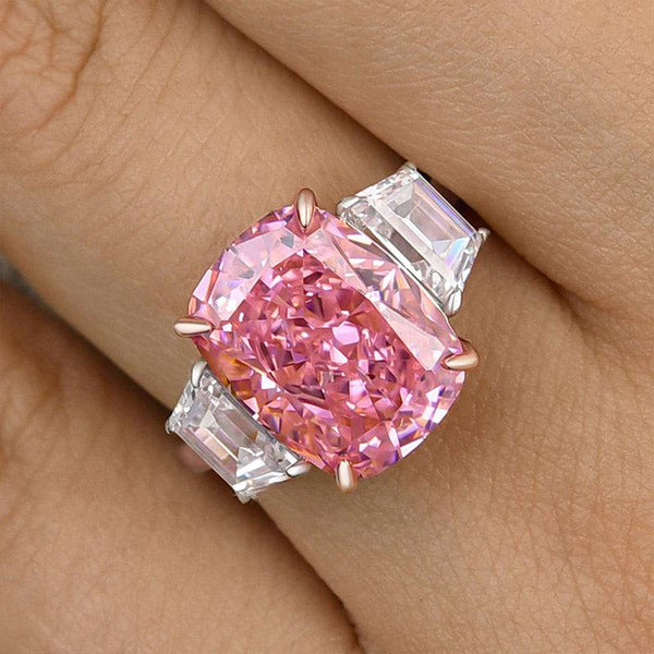Louily Luxury Three stone Pink Stone Cushion Cut Engagement Ring