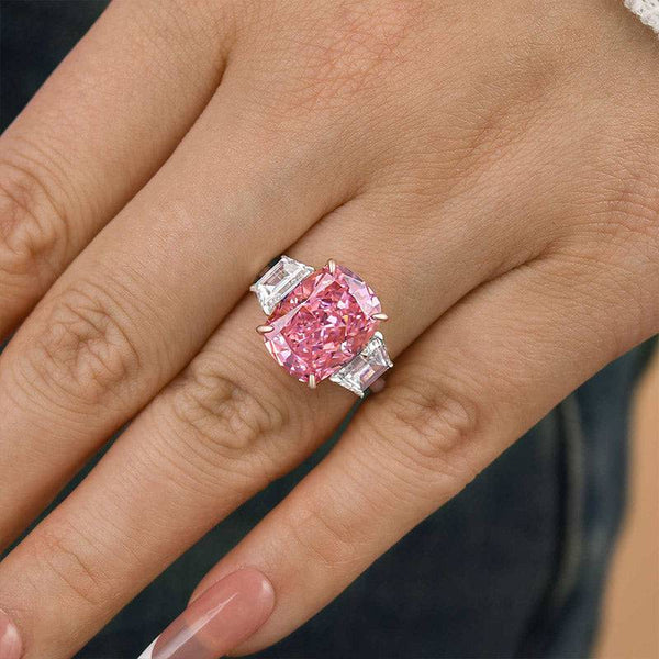 Louily Luxury Three stone Pink Stone Cushion Cut Engagement Ring