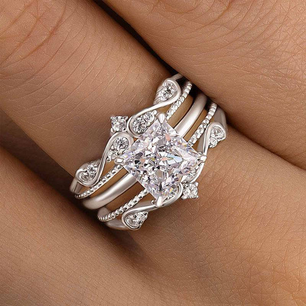 Louily Noble Crown Design Princess Cut Insert Wedding Ring Set
