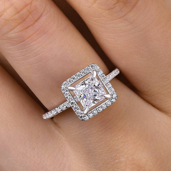 Louily Noble Halo Princess Cut Engagement Ring In Sterling Silver