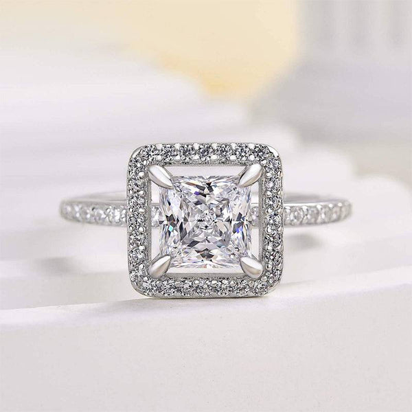 Louily Noble Halo Princess Cut Engagement Ring In Sterling Silver