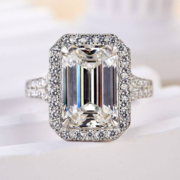 Louily Noble Halo Split Shank Emerald Cut Engagement Ring In Sterling Silver