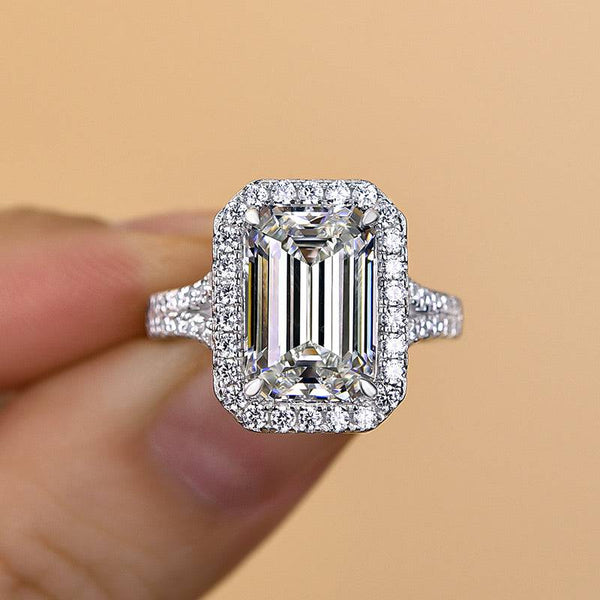 Louily Noble Halo Split Shank Emerald Cut Engagement Ring In Sterling Silver