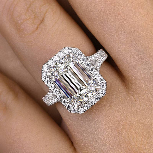 Louily Noble Halo Split Shank Emerald Cut Engagement Ring In Sterling Silver