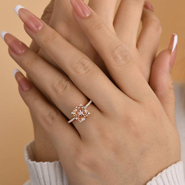Louily Rose Gold Peachy Pink Stone Cushion Cut Engagement Ring With Double Halo