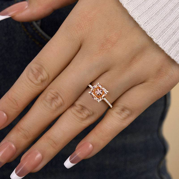 Louily Rose Gold Peachy Pink Stone Cushion Cut Engagement Ring With Double Halo