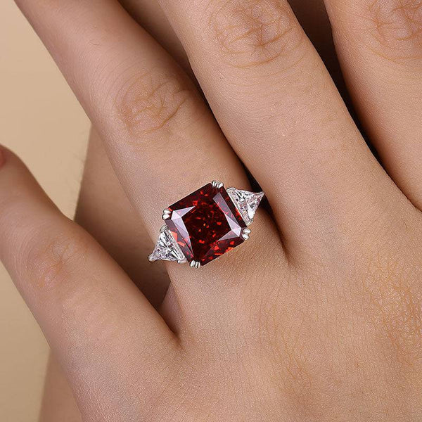 Louily Ruby Radiant & Triangle Cut Three Stone Engagement Ring In Sterling Silver