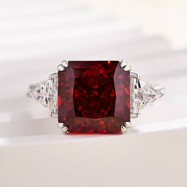 Louily Ruby Radiant & Triangle Cut Three Stone Engagement Ring In Sterling Silver