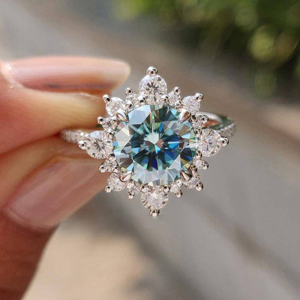 Louily Snowflake Design Halo Round Cyan Blue Moissanite Stone Engagement Ring In Sterling Silver